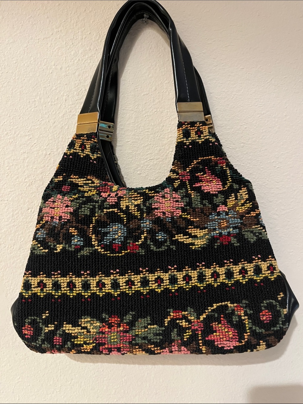 Vintage Black Floral Tapestry Shoulder Bag